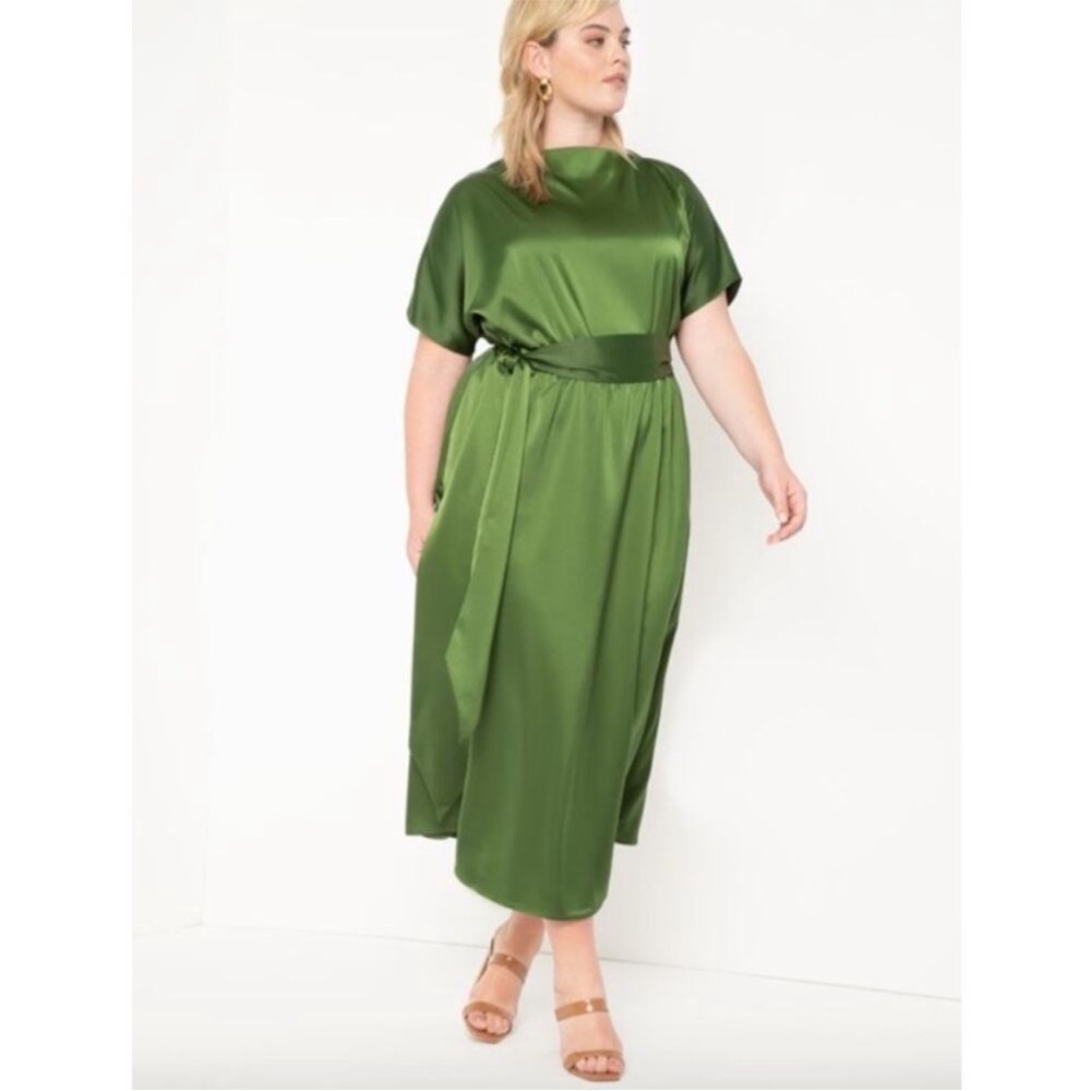 Eloquii Womens Satin Boat Neck Waist Tie Elegant Chic Summer Maxi Dress Green 20